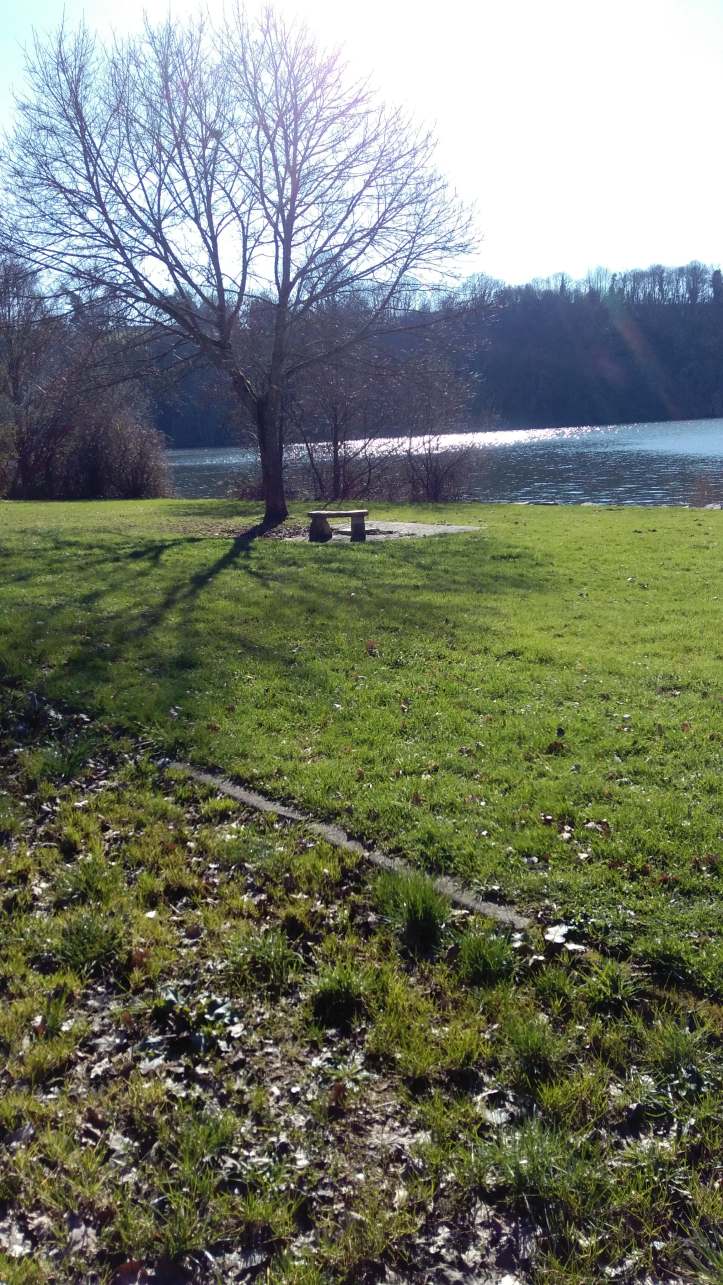 seating area by river winters day in feb